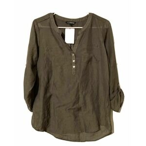 Express Shirt Top S Olive‎ Green Solid Semi Sheer Buttons Cotton Polyester Small